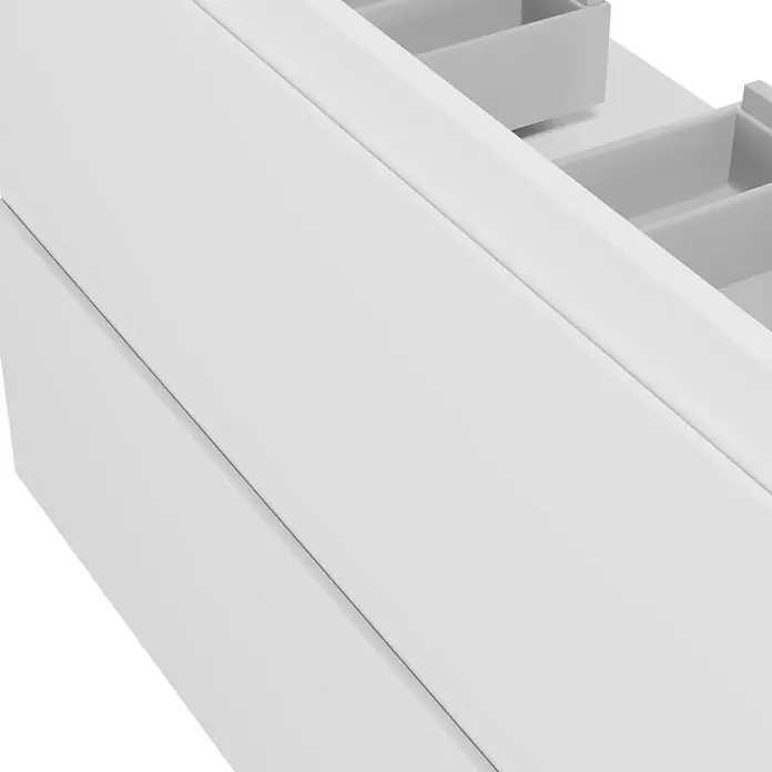 Camargue Espacio Waschtischunterschrank - 120 x 46 x 60 cm, 2 Schubkästen, Gama weiß matt - Nahaufnahme einer weißen Schublade mit Fächern. Ideal für die Organisation von Kleinteilen im Büro oder Zuhause.