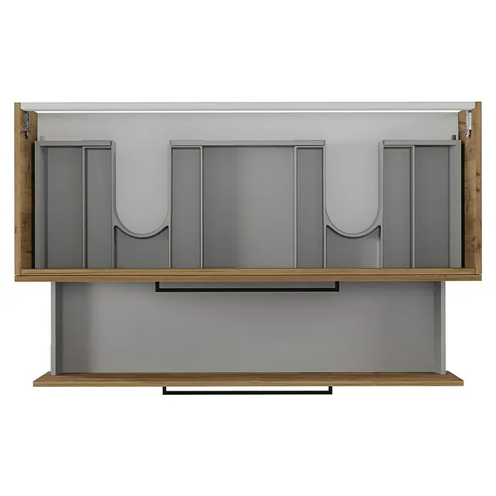 Camargue Espacio Waschtischunterschrank - 120 x 46 x 60 cm, Farbe Griff: Schwarz, 2 Siphonausschnitte, Doce - Bild einer modernen Waschtischunterschrank-Innenansicht, graue Schubladen mit Holzakzenten und Handtuchhalter.