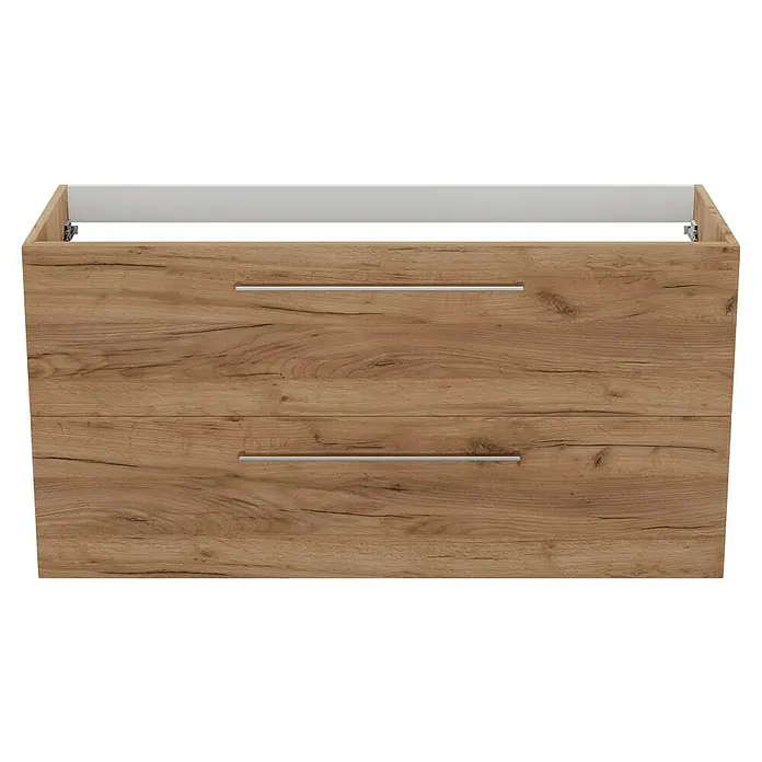 Camargue Espacio Waschtischunterschrank - 120 x 46 x 60 cm, 2 Schubkästen, Doce - Frontansicht eines Holzschrankes mit zwei Schubladen und minimalistischen Griffen. Das Holz hat eine markante Maserung und natürliche Farbgebung.
