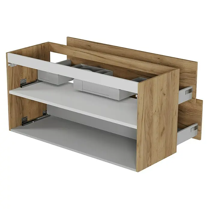 Camargue Espacio Waschtischunterschrank - 120 x 46 x 60 cm, Farbe Griff: Schwarz, 2 Siphonausschnitte, Doce - Ein offener Holzschrank mit weißen Regalen und grauen Schubladen für stilvolle Aufbewahrungslösungen im modernen Design.