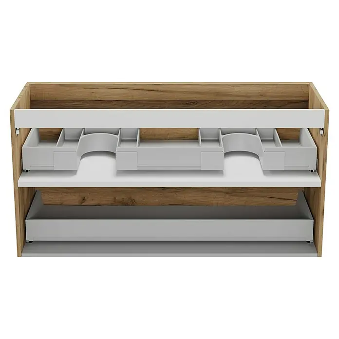 Camargue Espacio Waschtischunterschrank - 120 x 46 x 60 cm, Farbe Griff: Schwarz, 2 Siphonausschnitte, Doce - Einblick in einen Badezimmerschrank mit Schubladen. Die Schubladen sind weiß und der Schrank hat ein Holzdekor.