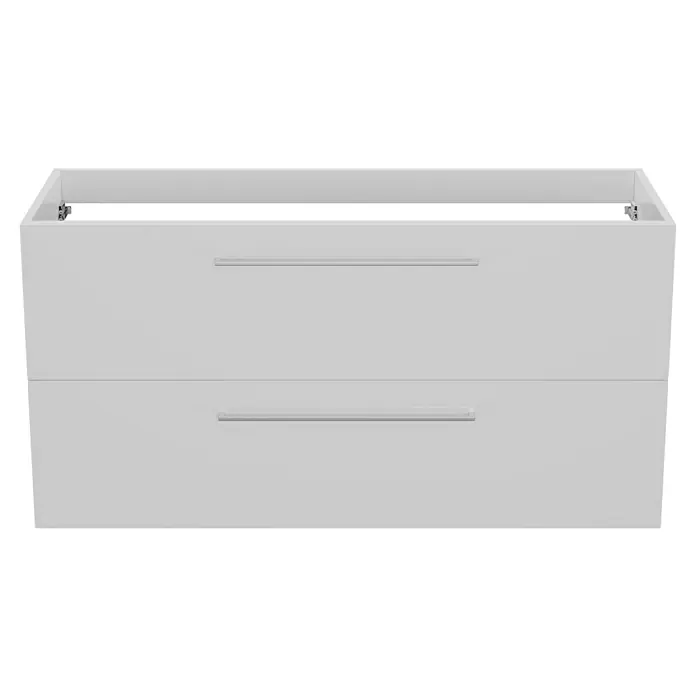 Camargue Espacio Waschtischunterschrank - 120 x 46 x 60 cm, 2 Schubkästen, Mira - Dieser Artikel zeigt einen weißen Waschbeckenschrank mit zwei Schubladen und Griffen. Die Konstruktion ist robust und modern.