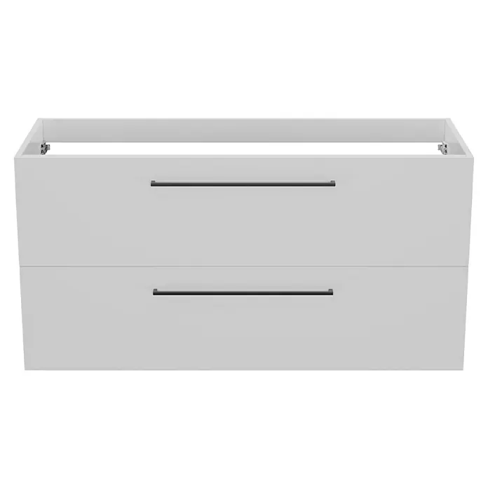 Camargue Espacio Waschtischunterschrank - 120 x 46 x 60 cm, Farbe Griff: Schwarz, 2 Siphonausschnitte, Mira - Produktbild eines modernen, weißen Unterschrank mit zwei Schubladen und eleganten, dunklen Griffen. Ideal für Badezimmer.