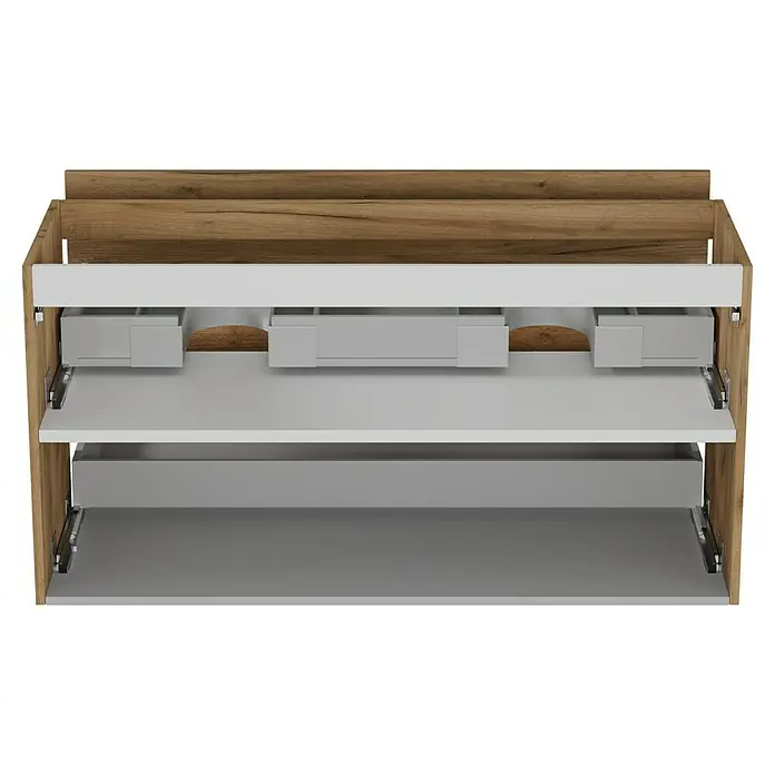 Camargue Espacio Waschtischunterschrank - 120 x 46 x 60 cm, Farbe Griff: Schwarz, 2 Siphonausschnitte, Doce - Innenansicht eines Badezimmerschranks mit Auszügen und Schubladen, Fokus auf die Aufteilung und das Design.