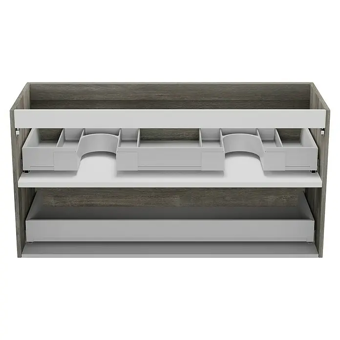 Camargue Espacio Waschtischunterschrank - 120 x 46 x 60 cm, 2 Schubkästen, Faro - Schrankansicht mit zwei Regalen, Schubladen und Holzdetails. Moderne Badezimmereinrichtung für stilvolle Aufbewahrung.