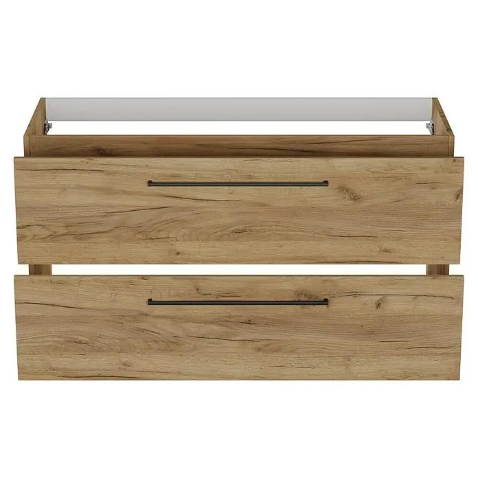 Camargue Espacio Waschtischunterschrank - 120 x 46 x 60 cm, Farbe Griff: Schwarz, 2 Siphonausschnitte, Doce - Ein modernes Badezimmermöbel mit zwei Schubladen in Holzoptik und schwarzen Griffen. Perfekt für jedes Badezimmer.