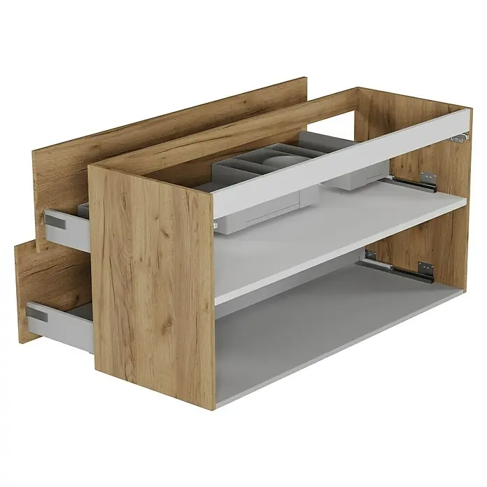 Camargue Espacio Waschtischunterschrank - 120 x 46 x 60 cm, Farbe Griff: Schwarz, 2 Siphonausschnitte, Doce - Produktansicht eines Unterschranks mit Auszügen, Schubladeneinsatz und einem modernen Design in Holzoptik und Grau.