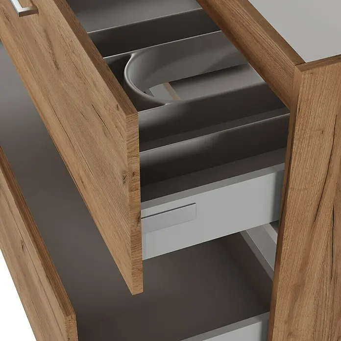 Camargue Espacio Waschtischunterschrank - 120 x 46 x 60 cm, 2 Schubkästen, Doce - Offene Holzschublade mit Besteckeinsatz, die Funktionalität und natürliche Ästhetik vereint. Ideal für die moderne Küchenorganisation.