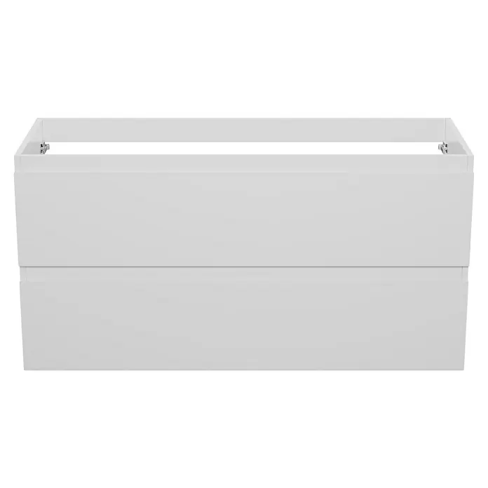 Camargue Espacio Waschtischunterschrank - 120 x 46 x 60 cm, 2 Schubkästen, Gama weiß glänzend - Eine Nahaufnahme eines weißen Badezimmerschranks mit zwei Schubladen, der eine klare und minimalistische Ästhetik für moderne Badezimmer verkörpert.