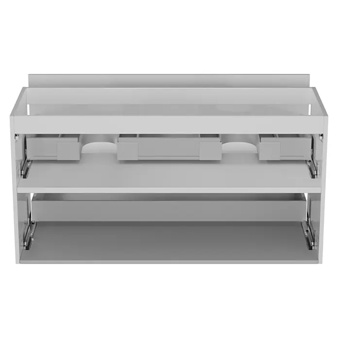Camargue Espacio Waschtischunterschrank - 120 x 46 x 60 cm, Farbe Griff: Schwarz, 2 Siphonausschnitte, Mira - Abgebildeter Waschtischunterschrank mit Auszügen. Moderne Badmöbel für ein stilvolles Badezimmer mit praktischem Stauraum.