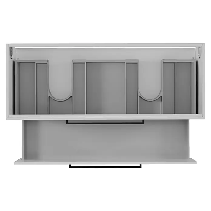 Camargue Espacio Waschtischunterschrank - 120 x 46 x 60 cm, Farbe Griff: Schwarz, 2 Siphonausschnitte, Mira - Ein offener Waschbeckenschrank in Weiß, der einen Einblick in sein Design und seine interne Organisation bietet.