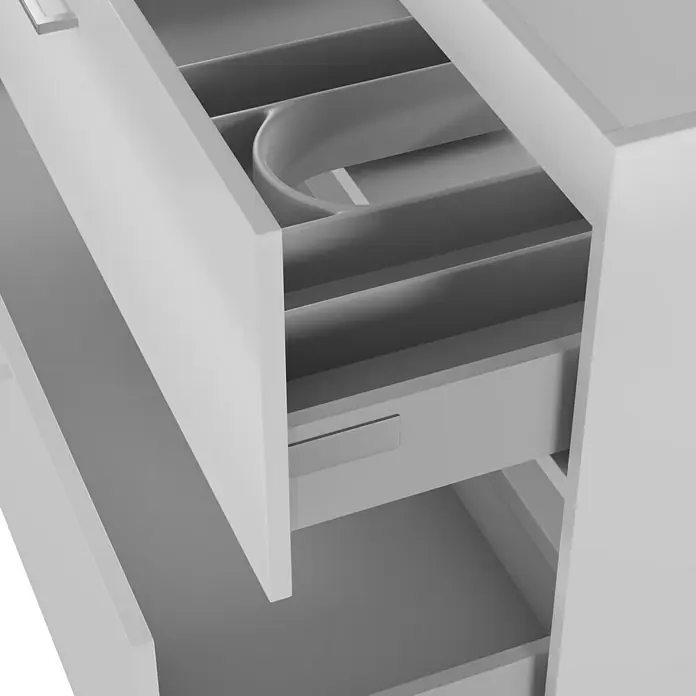 Camargue Espacio Waschtischunterschrank - 120 x 46 x 60 cm, 2 Schubkästen, Mira - Nahaufnahme eines offenen, weißen Schubladenschranks mit Fächern, ideal zur Aufbewahrung und Organisation verschiedener Gegenstände.