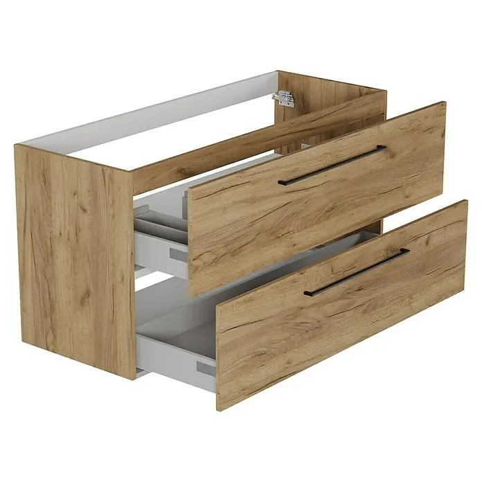 Camargue Espacio Waschtischunterschrank - 120 x 46 x 60 cm, Farbe Griff: Schwarz, 2 Siphonausschnitte, Doce - Ein moderner Waschtischunterschrank mit zwei Schubladen in Holzoptik und schwarzen Griffen. Optimal für Badezimmer mit Stauraumbedarf.