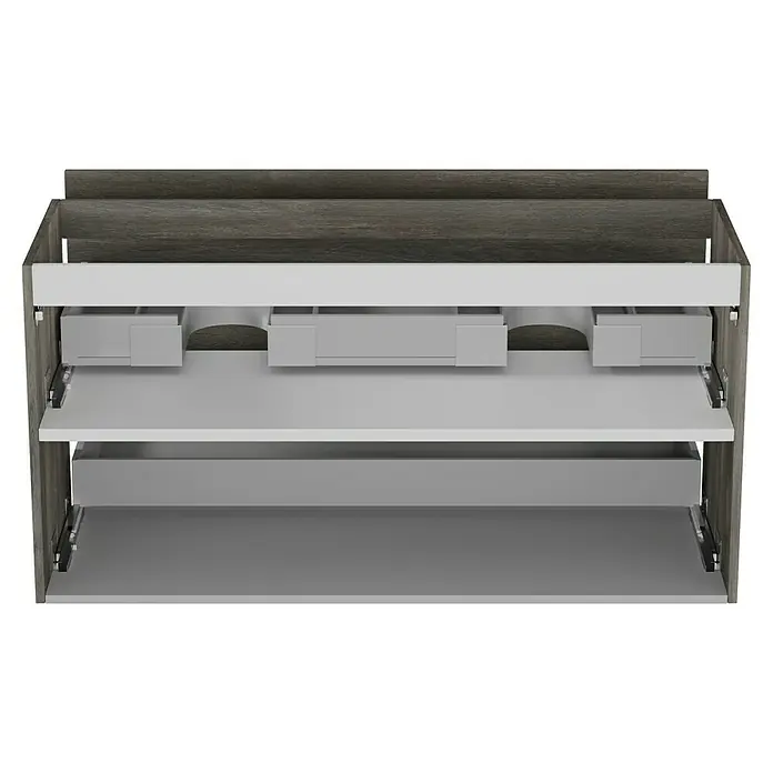 Camargue Espacio Waschtischunterschrank - 120 x 46 x 60 cm, 2 Schubkästen, Faro - Nahaufnahme eines Waschbeckenschranks mit offenem Schubladensystem in Grau- und Holztönen, das modernes Design und Funktionalität vereint.