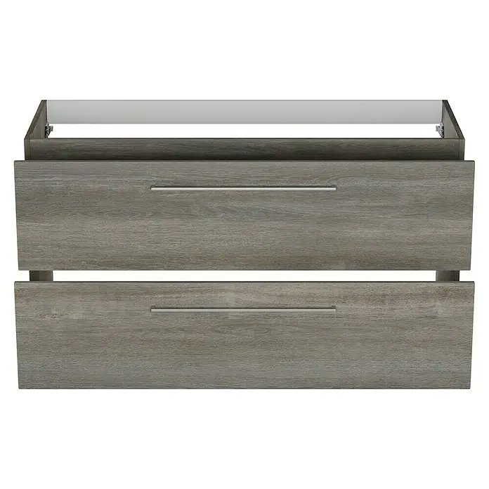 Camargue Espacio Waschtischunterschrank - 120 x 46 x 60 cm, 2 Schubkästen, Faro - Aufnahme eines grauen Badezimmerschranks mit zwei Schubladen und silbernen Griffen.