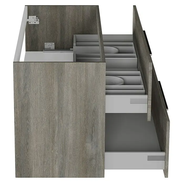 Camargue Espacio Waschtischunterschrank - 120 x 46 x 60 cm, 2 Schubkästen, Faro - Schrankinnenausstattung mit grauer Holzmaserung und praktischen Schubladen für mehr Stauraum im modernen Design.