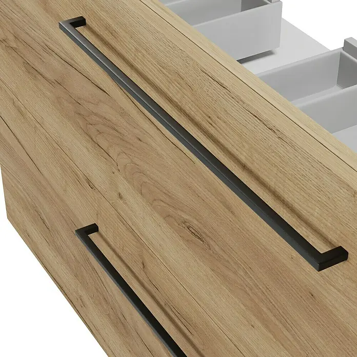 Camargue Espacio Waschtischunterschrank - 120 x 46 x 60 cm, Farbe Griff: Schwarz, 2 Siphonausschnitte, Doce - Nahaufnahme einer Holzkommode mit eleganten schwarzen Griffen und praktischen Schubladen für stilvolle Aufbewahrung.