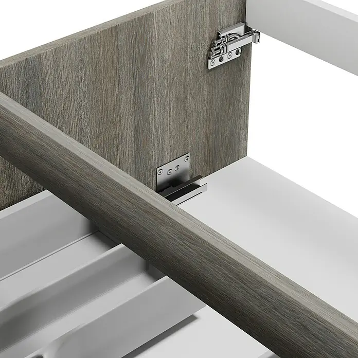 Camargue Espacio Waschtischunterschrank - 120 x 46 x 60 cm, 2 Schubkästen, Faro - Nahaufnahme von Schubladenschienen und Schubladenbeschlägen in einem Holzschrank, die hochwertige Möbeldetails zeigen.