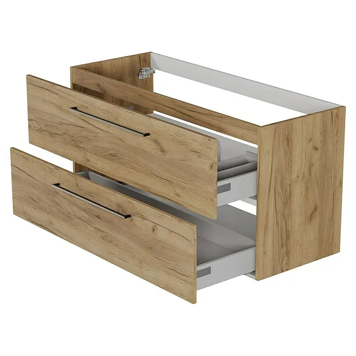 Camargue Espacio Waschtischunterschrank - 120 x 46 x 60 cm, Farbe Griff: Schwarz, 2 Siphonausschnitte, Doce - Ein moderner Waschtischunterschrank in Holzoptik mit zwei Schubladen, ideal für Badezimmeraufbewahrung und stilvolles Design.