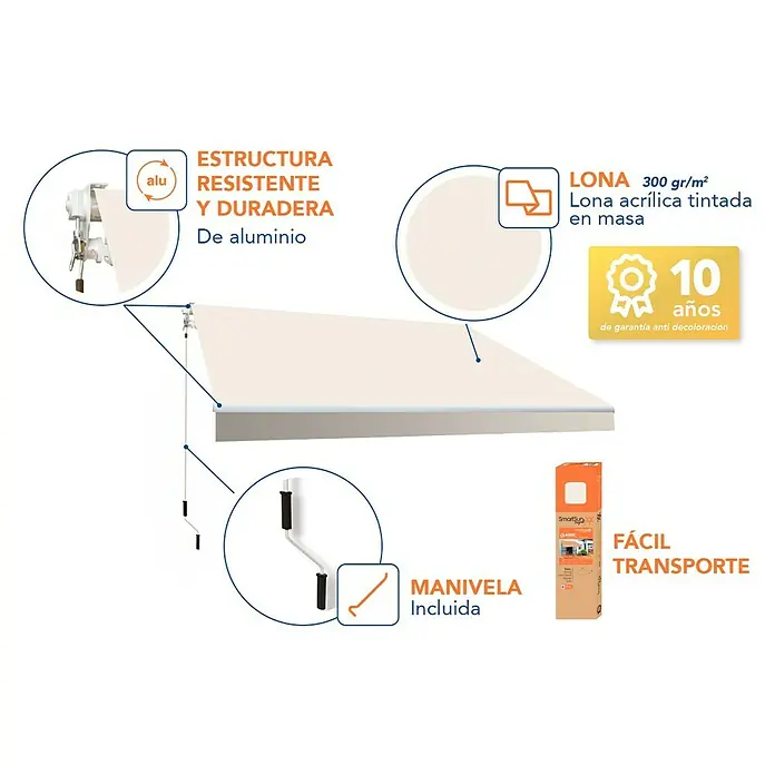 SmartSun Toldo de brazos extensibles Original Kit Acrílico - Crudo, Ancho: 3 m, Caída: 2 m - Detalle de un toldo robusto con estructura de aluminio, lona acrílica de 300 g/m² y 10 años de garantía contra la decoloración, incluyendo manivela para facilitar su uso.