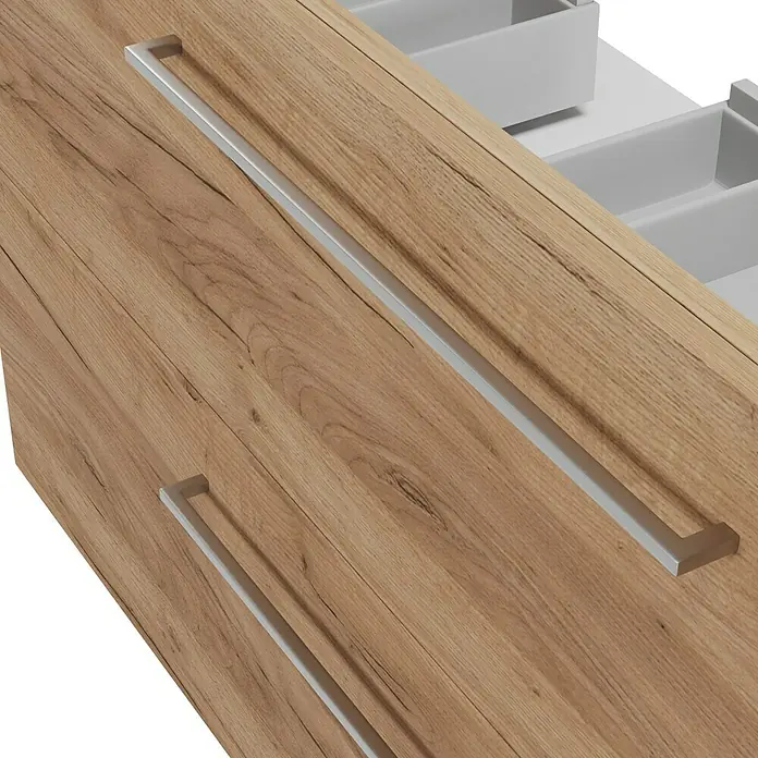 Camargue Espacio Waschtischunterschrank - 120 x 46 x 60 cm, 2 Schubkästen, Doce - Nahaufnahme eines Schranks mit Holzstruktur und silbernen Griffen, der ein elegantes Design und Funktionalität vereint.