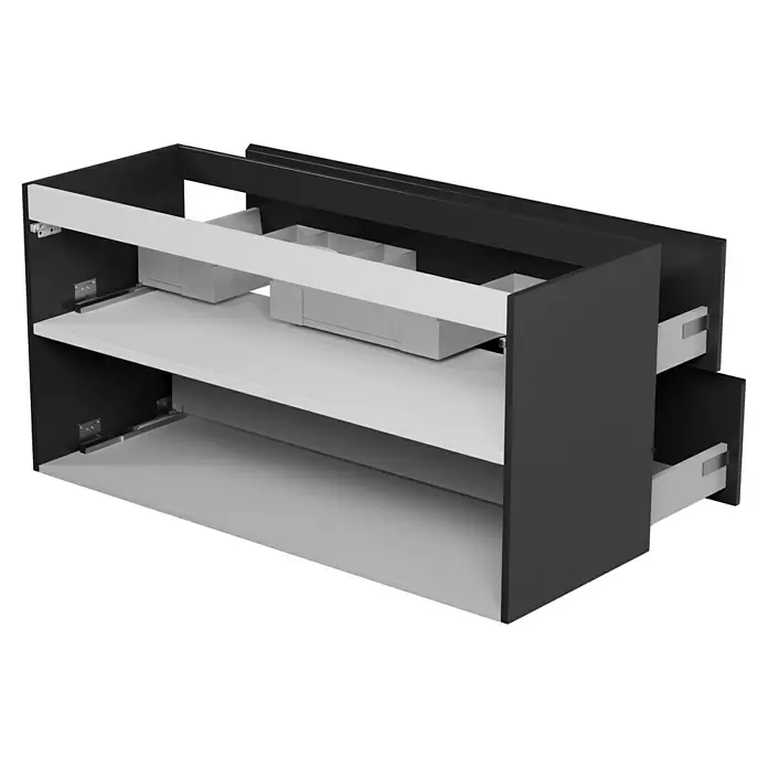Camargue Espacio Waschtischunterschrank - 120 x 46 x 60 cm, 2 Schubkästen, Gama anthrazit glänzend - Offener Badezimmerschrank mit Schubladen in Schwarz und Weiß. Der Waschtischunterschrank bietet viel Stauraum im Badezimmer.