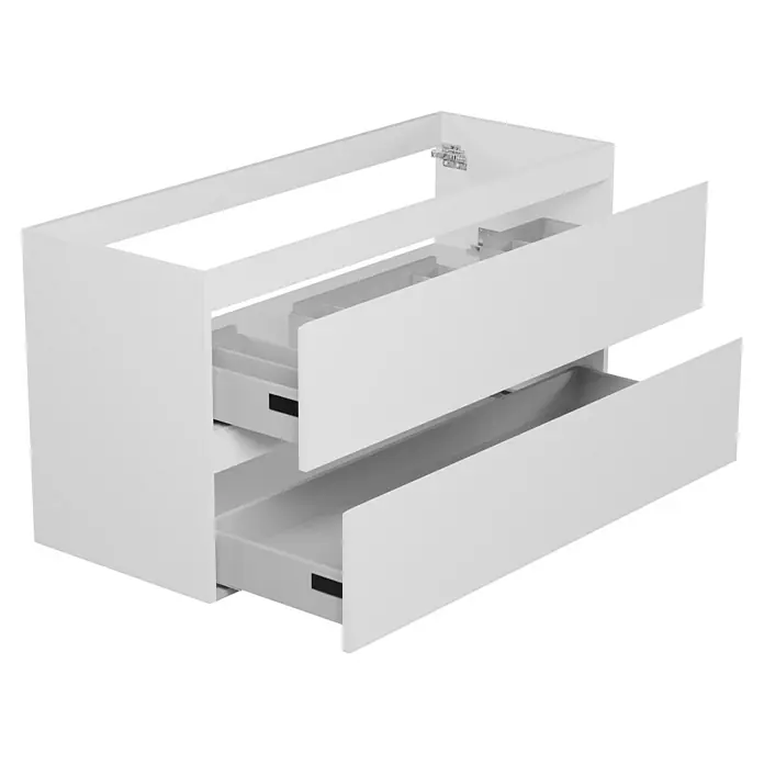 Camargue Espacio Waschtischunterschrank - 120 x 46 x 60 cm, 2 Schubkästen, Gama weiß matt - Das Bild zeigt einen weißen Waschtischunterschrank mit zwei offenen Schubladen. Das schlichte Design passt ideal in moderne Badezimmer.