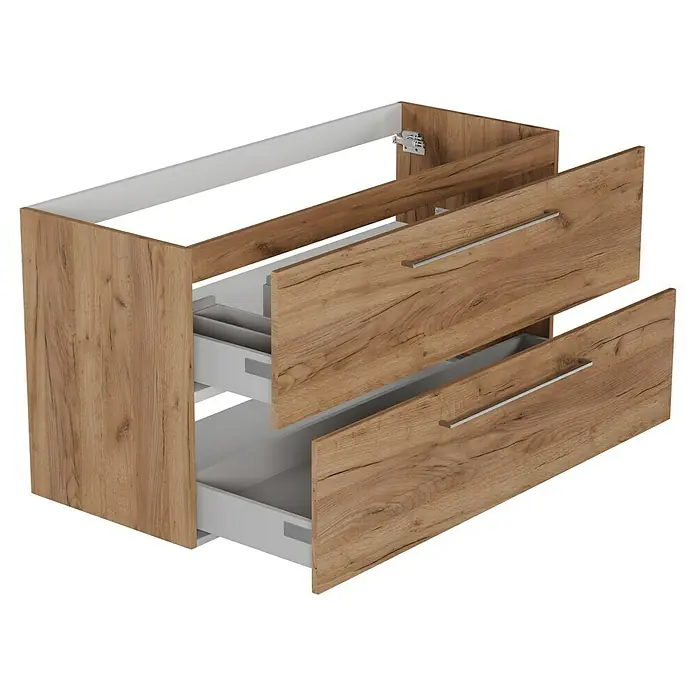 Camargue Espacio Waschtischunterschrank - 120 x 46 x 60 cm, 2 Schubkästen, Doce - Ein offener Badezimmerschrank in Holzoptik mit zwei Schubladen, die teilweise herausgezogen sind, um das Innere zu zeigen.