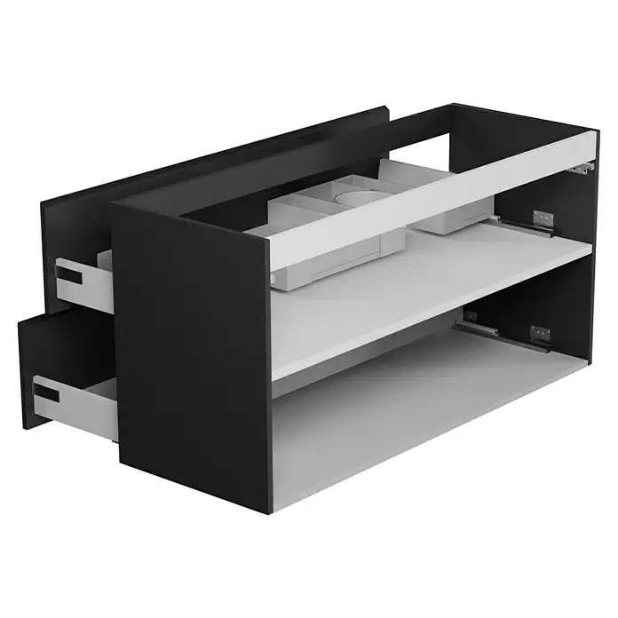Camargue Espacio Waschtischunterschrank - 120 x 46 x 60 cm, 2 Schubkästen, Gama anthrazit glänzend - Produktansicht eines modernen Badezimmerschranks mit Schubladen und Regalen in dunklem Grau und Weiß. Das Möbelstück bietet viel Stauraum.