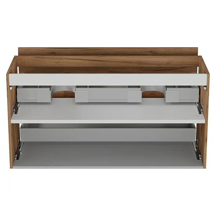 Camargue Espacio Waschtischunterschrank - 120 x 46 x 60 cm, 2 Schubkästen, Doce - Offene Badezimmermöbel mit Schubladen und Regalen in Grau und Holzoptik. Praktische und stilvolle Aufbewahrungslösung.