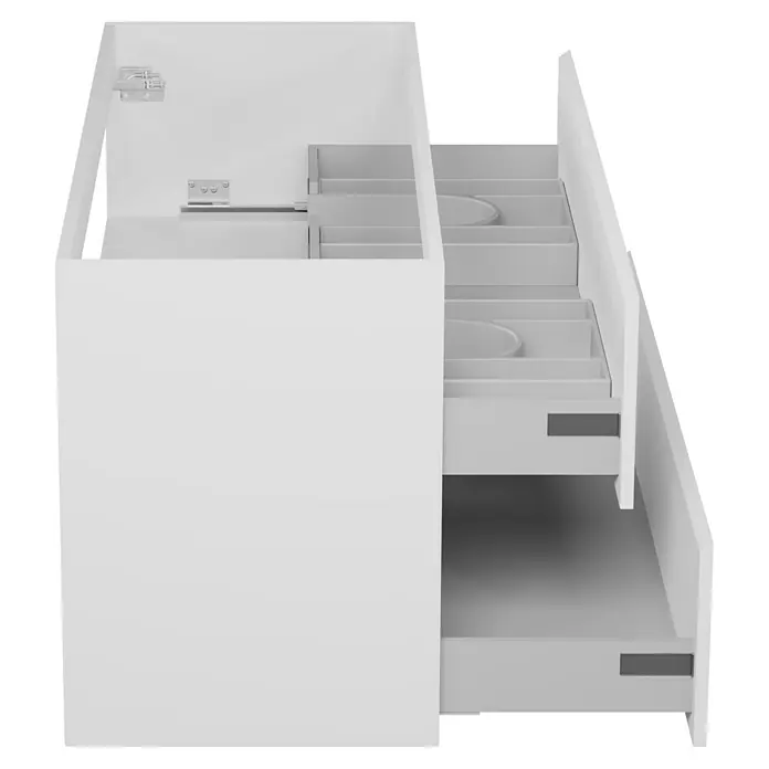 Camargue Espacio Waschtischunterschrank - 120 x 46 x 60 cm, 2 Schubkästen, Gama weiß matt - Schrank mit zwei Schubladen. Das Möbelstück ist in einem modernen, minimalistischen Design gehalten und bietet Stauraum.