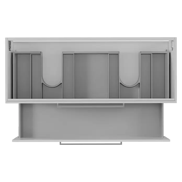 Camargue Espacio Waschtischunterschrank - 120 x 46 x 60 cm, 2 Schubkästen, Mira - Innenansicht eines Badezimmerschranks mit Schublade und Fächern zur Aufbewahrung von Badutensilien.