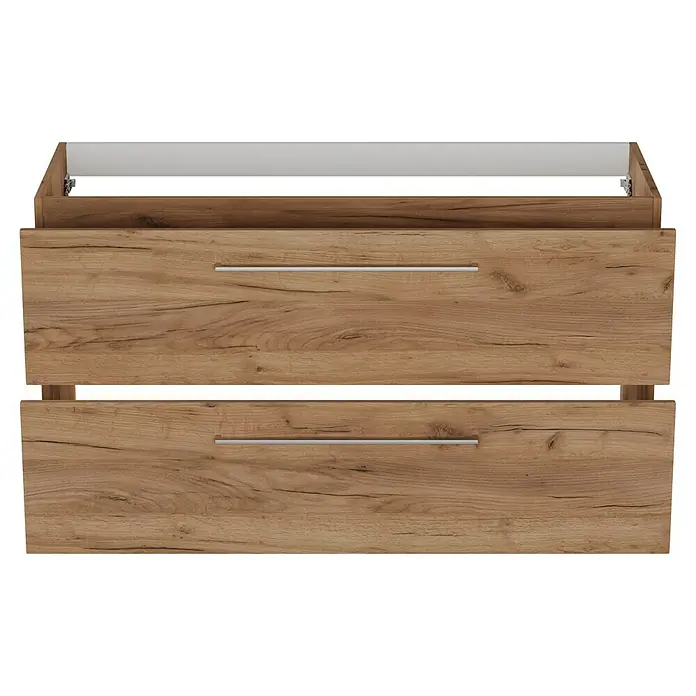 Camargue Espacio Waschtischunterschrank - 120 x 46 x 60 cm, 2 Schubkästen, Doce - Frontansicht eines Holzschrankes mit zwei Schubladen und silberfarbenen Griffen, ideal für Badezimmer oder Schlafzimmer.