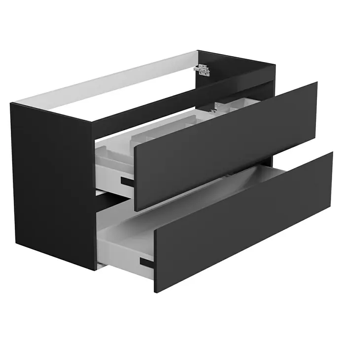 Camargue Espacio Waschtischunterschrank - 120 x 46 x 60 cm, 2 Schubkästen, Gama anthrazit glänzend - Schwarzer Badezimmerschrank mit zwei offenen Schubladen, die den weißen Innenraum zeigen. Ideal für die Aufbewahrung im Badezimmer.