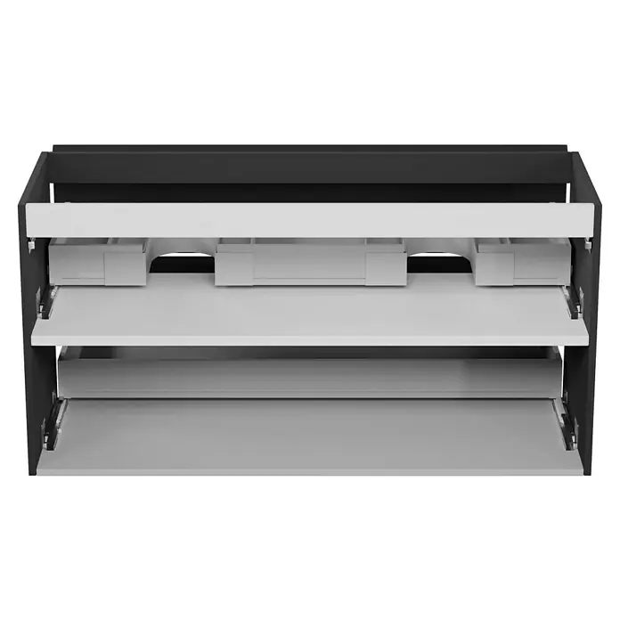 Camargue Espacio Waschtischunterschrank - 120 x 46 x 60 cm, 2 Schubkästen, Gama anthrazit matt - Aufnahme eines Badezimmerschranks mit offenen Schubladen, der das Schubladensystem und das Innendesign zeigt.