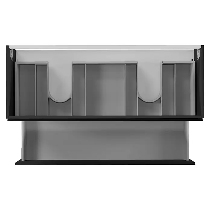 Camargue Espacio Waschtischunterschrank - 120 x 46 x 60 cm, 2 Schubkästen, Gama anthrazit matt - Innenansicht eines Badezimmerschranks mit drei Fächern und Aussparungen für den Siphon. Praktische Stauraumlösung.