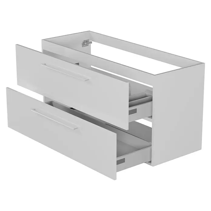 Camargue Espacio Waschtischunterschrank - 120 x 46 x 60 cm, 2 Schubkästen, Mira - Ein Badezimmerschrank mit zwei Schubladen in Weiß, die teilweise geöffnet sind, um das Innere zu zeigen. Die Griffe sind schlicht und modern.