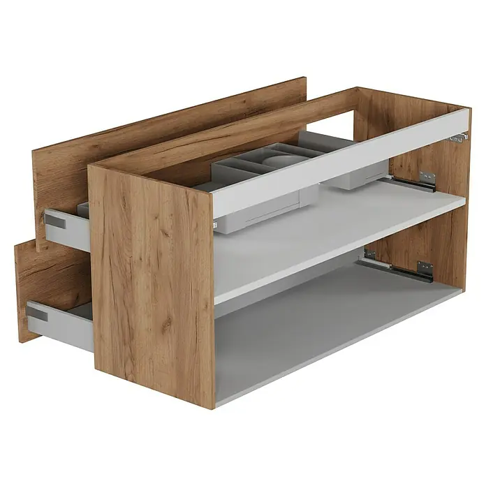 Camargue Espacio Waschtischunterschrank - 120 x 46 x 60 cm, 2 Schubkästen, Doce - Produktbild eines Badezimmerschranks mit Holzstruktur und weißen Schubladen. Perfekt für die Organisation im Bad.