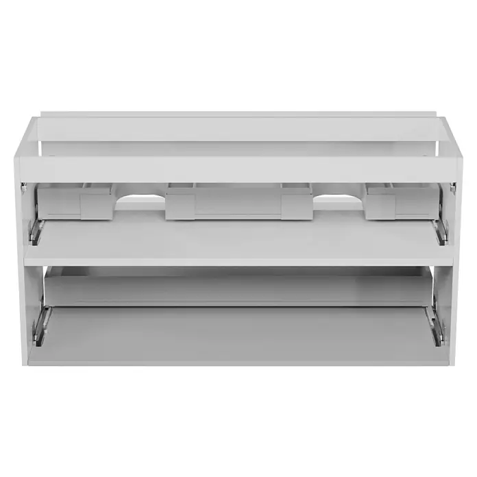 Camargue Espacio Waschtischunterschrank - 120 x 46 x 60 cm, 2 Schubkästen, Gama weiß glänzend - Ein Schrank mit drei Regalböden und einer weißen Oberfläche, der Platz und Organisation bietet.