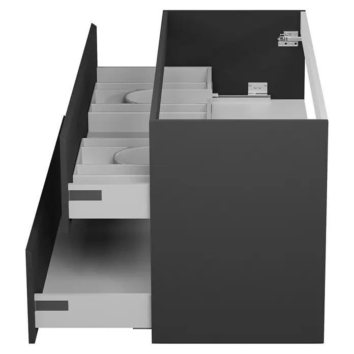 Camargue Espacio Waschtischunterschrank - 120 x 46 x 60 cm, 2 Schubkästen, Gama anthrazit matt - Eine moderne Badezimmereinheit mit dunklen Schrank und weißen Schubladen für die stilvolle Aufbewahrung im Bad.