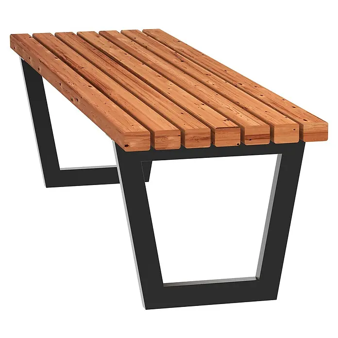 Plus Siesta Living Gartenbank - Sitzhöhe: 43 cm, Thermowood, Stahl, Schwarz/Braun, ohne Rückenlehne - Eine moderne Parkbank mit einer Holzoberfläche und einem robusten, schwarzen Metallgestell, ideal für den Außenbereich.
