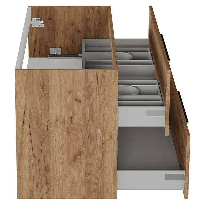 Camargue Espacio Waschtischunterschrank - 120 x 46 x 60 cm, 2 Schubkästen, Doce - Die Aufnahme zeigt einen Schrank mit offenen Schubladen, die einen guten Einblick in die Aufteilung und das Design des Schranks gewähren.