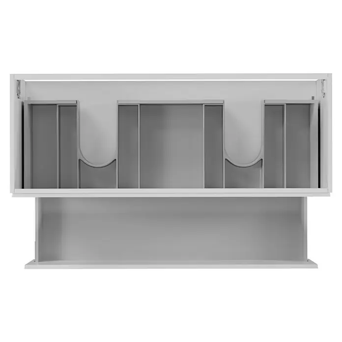 Camargue Espacio Waschtischunterschrank - 120 x 46 x 60 cm, 2 Schubkästen, Gama weiß glänzend - Innenansicht eines weißen Badezimmerschranks mit praktischen Schubladen zur optimalen Aufbewahrung von Badutensilien und zur Organisation im Bad.