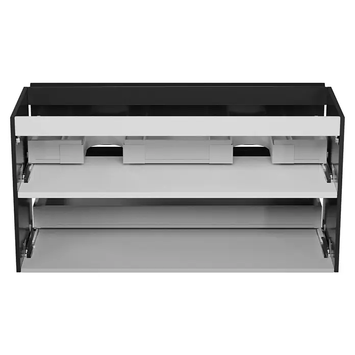 Camargue Espacio Waschtischunterschrank - 120 x 46 x 60 cm, 2 Schubkästen, Gama anthrazit glänzend - Abgebildete ausziehbare Regale, die eine flexible und leicht zugängliche Aufbewahrungslösung für verschiedene Gegenstände bieten.