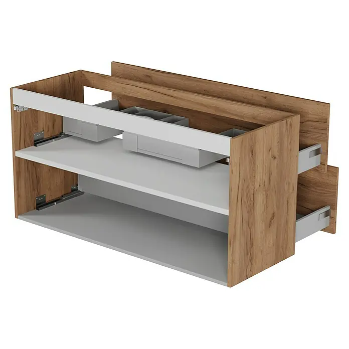 Camargue Espacio Waschtischunterschrank - 120 x 46 x 60 cm, 2 Schubkästen, Doce - Ein stilvoller Badezimmerschrank mit Holzstruktur und grauen Schubladen für moderne Badezimmerdesigns.
