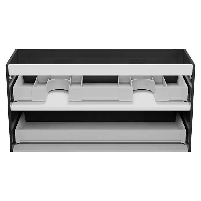 Camargue Espacio Waschtischunterschrank - 120 x 46 x 60 cm, 2 Schubkästen, Gama anthrazit glänzend - Detailansicht eines Badezimmerschranks mit offenen Schubladen. Das Design des Unterschranks ist minimalistisch und funktional.