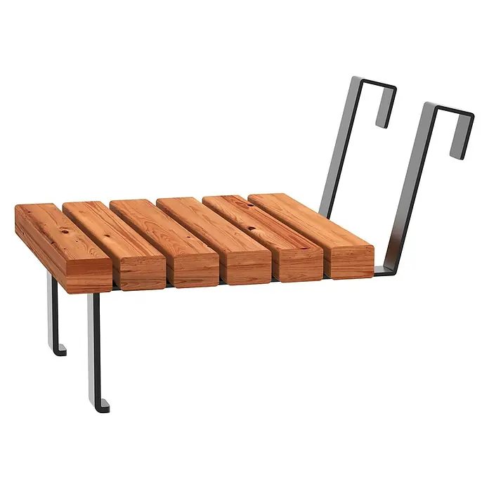 Plus Gartentisch Relax - L x B x H: 45 x 40 x 20 cm, Stahl, Thermowood, Schwarz/Braun, zum Einhängen, Passend für Relax Gartenbank - Nahaufnahme einer modernen Parkbank mit Holzsitzen und Stahlrahmen, ideal für öffentliche Räume und Gärten.