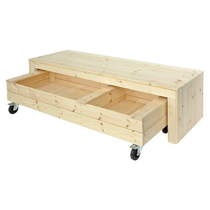 Plus Gartenbank Fun - B x T x H: 180 x 59 x 46 cm, Fichte, Natur - Dieses Bild zeigt eine rollbare Holzkiste mit Schubladen, ideal für Lagerung und Organisation. Die Schubladen sind teilweise geöffnet und sichtbar.