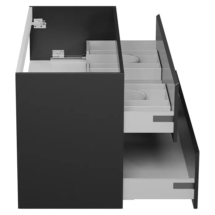 Camargue Espacio Waschtischunterschrank - 120 x 46 x 60 cm, 2 Schubkästen, Gama anthrazit glänzend - Bild eines Badezimmerschranks mit offenen Schubladen, der das modulare Design und die Aufbewahrungslösungen des Schranks hervorhebt.