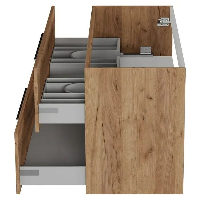 Camargue Espacio Waschtischunterschrank - 120 x 46 x 60 cm, 2 Schubkästen, Doce - Holzfarbenes Schubladenelement mit mehreren grauen Schubladen für modulare Stauraumlösungen.